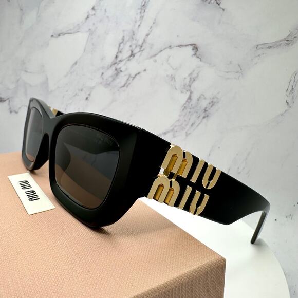New MIU MIU Sunglasses New Black Acetate Gold Metal Logo Square Cat Eye - Picture 5 of 16